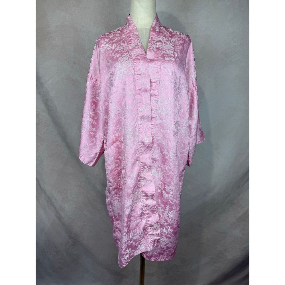 Vintage MCM Brocade Chinese Style Kimono Robe Pink Silky Size 42